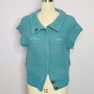 Free People Short Sleeve Cable Knit Cardigan- Robin Egg Blue- Size Medium
